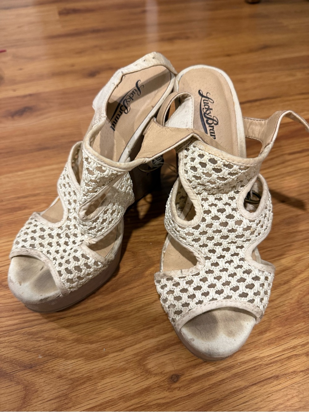 Lucky Brand White Crochet Wedge Sandals with Ankle Strap